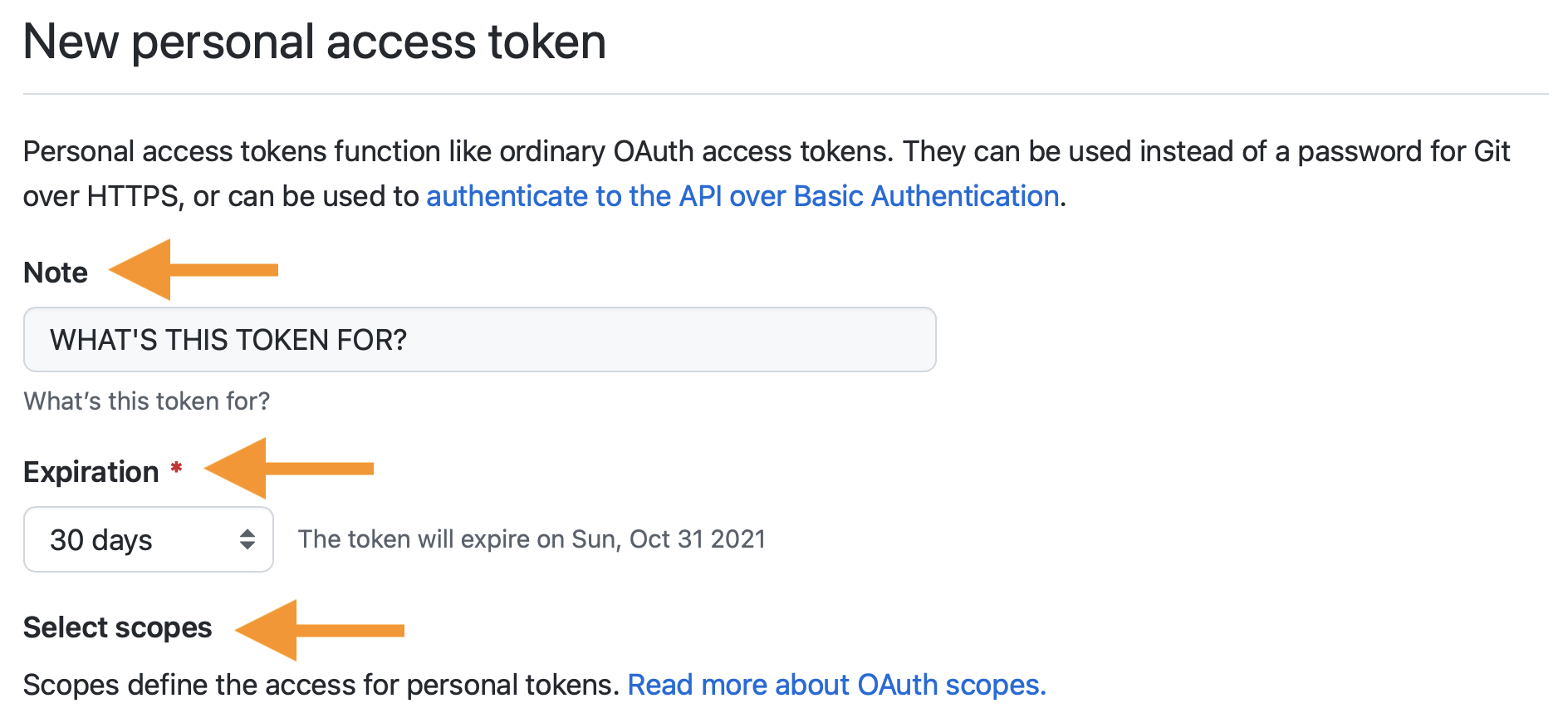 Screenshot: Getting a new personal access token on GitHub