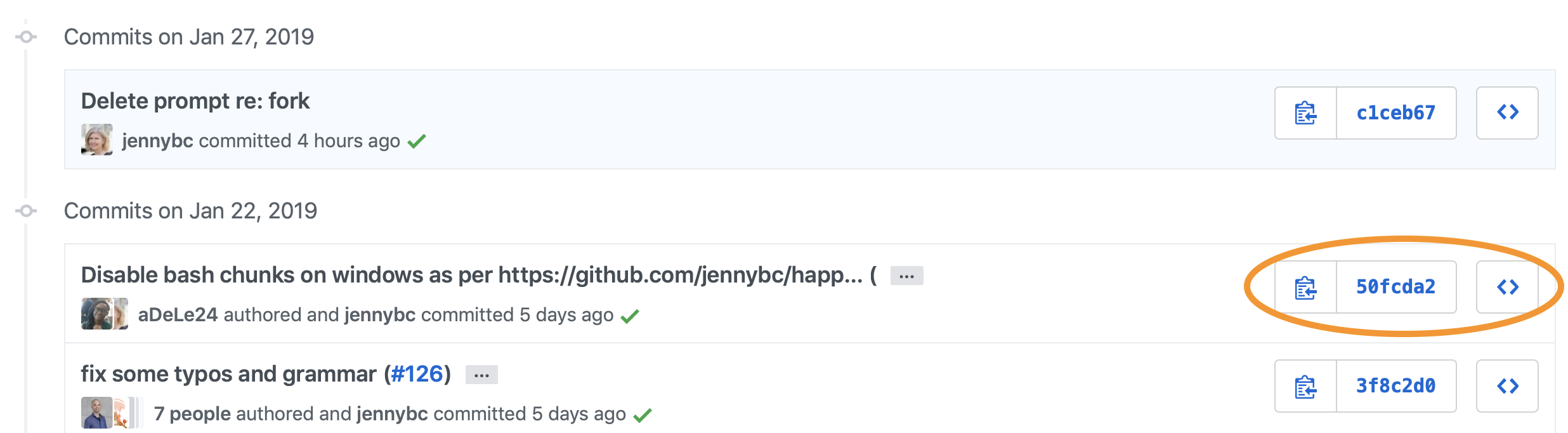Example of a commit listing on GitHub.