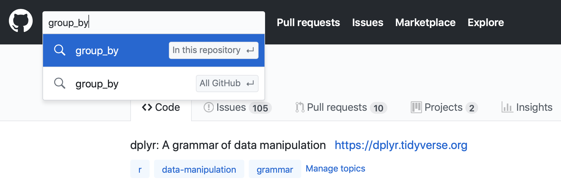 Typing into GitHub search bar.