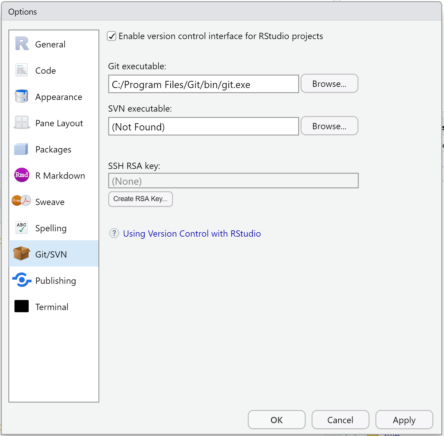 RStudio screenshot showing path to the Git executable